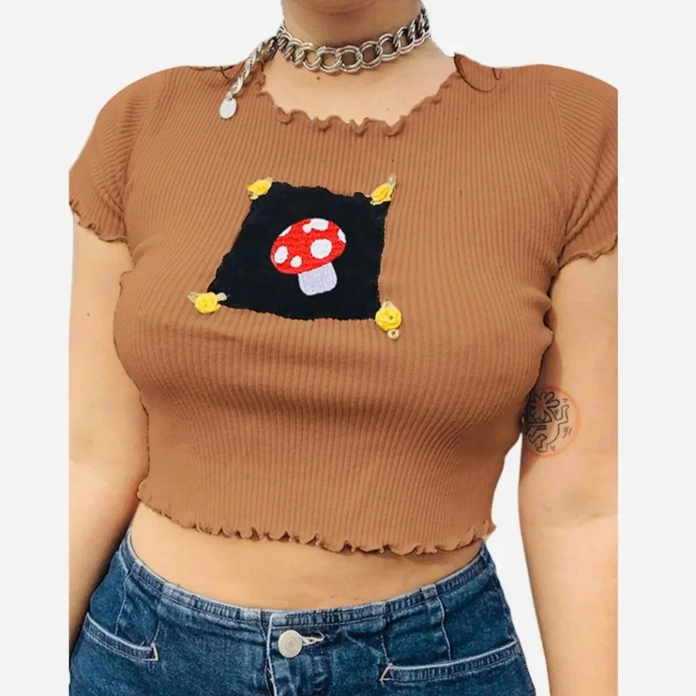 Brand New! Tan Color Cute‎ Mushroom Crop Top Medium Stretchy Yellow Roses